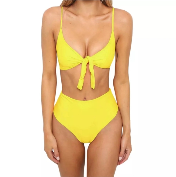 High Waist Front Tie Cheeky Bikini Yellow - Picture 6 of 7